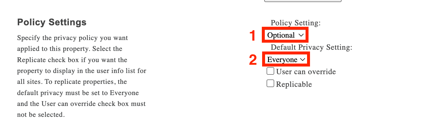 Setting custom profile privacy policies to Optional and visible to Everyone