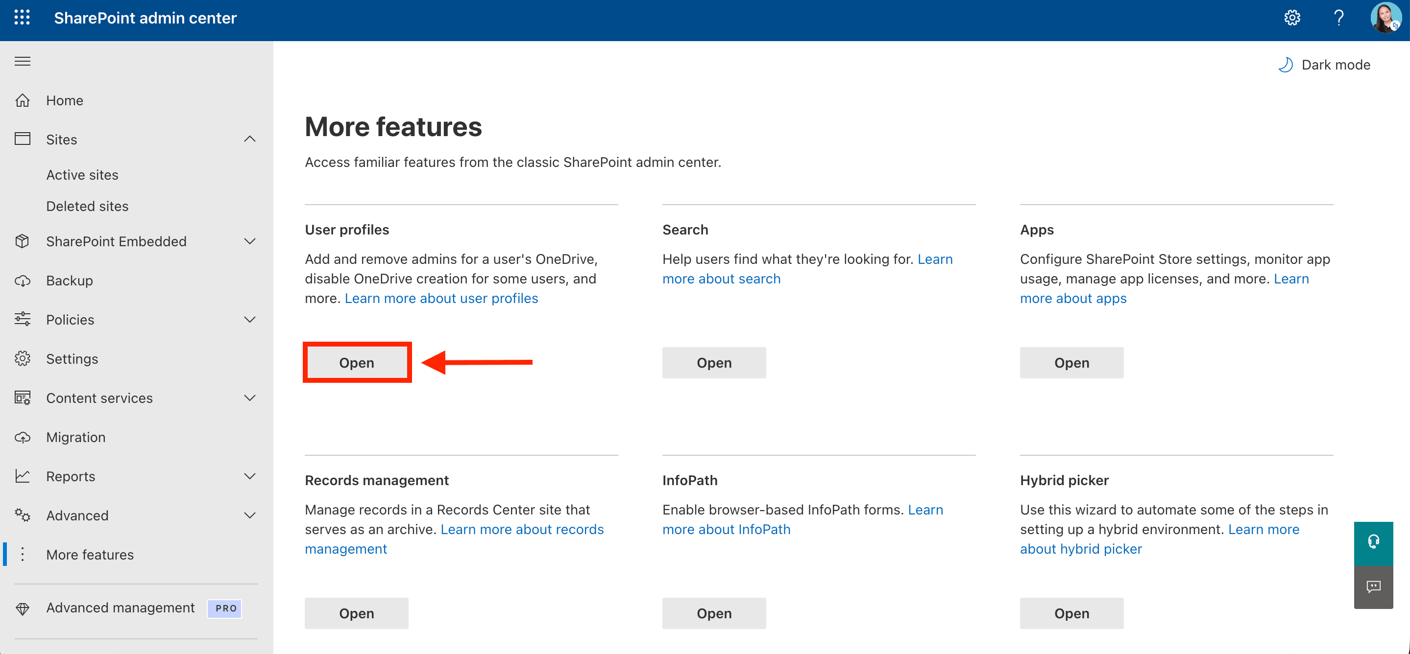Opening the User Profiles page in the SharePoint Admin Center