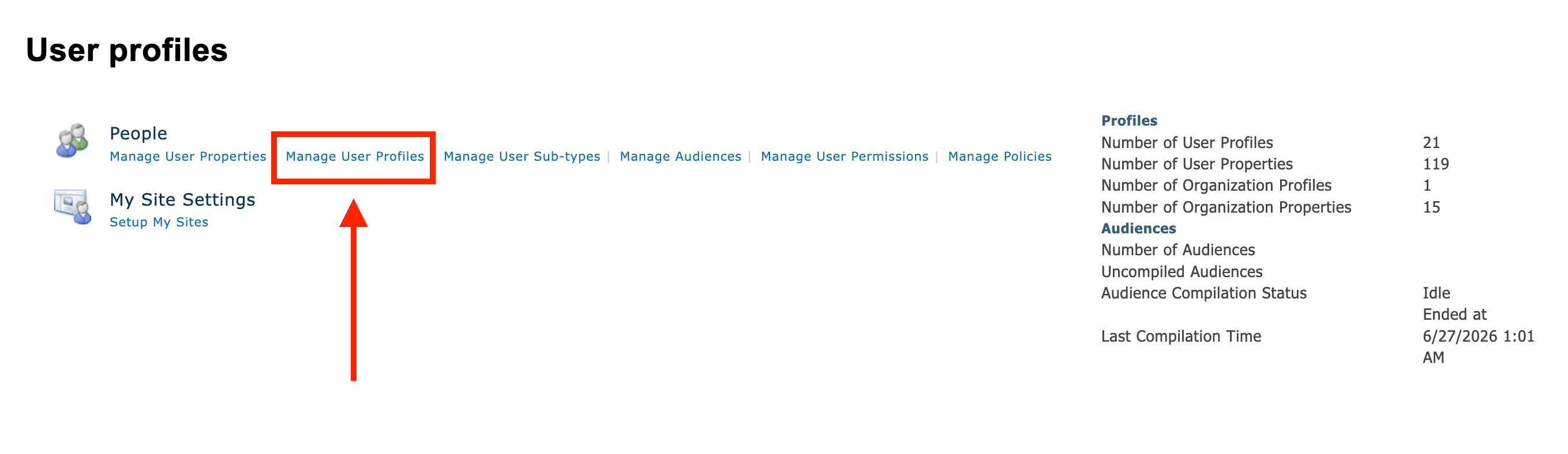 Returning to the Admin Center to select the Manage User Profiles link