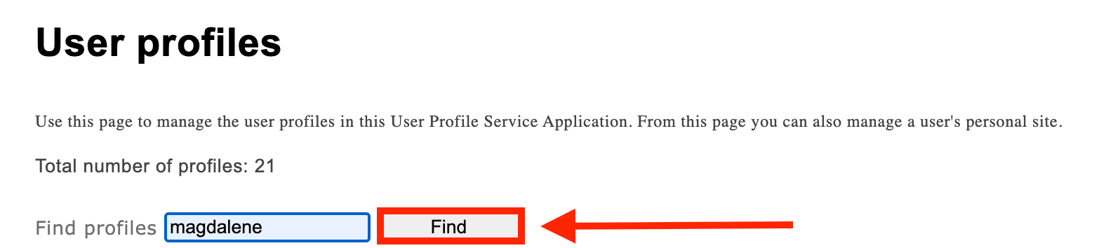 Searching for a specific employee profile name in the user directory