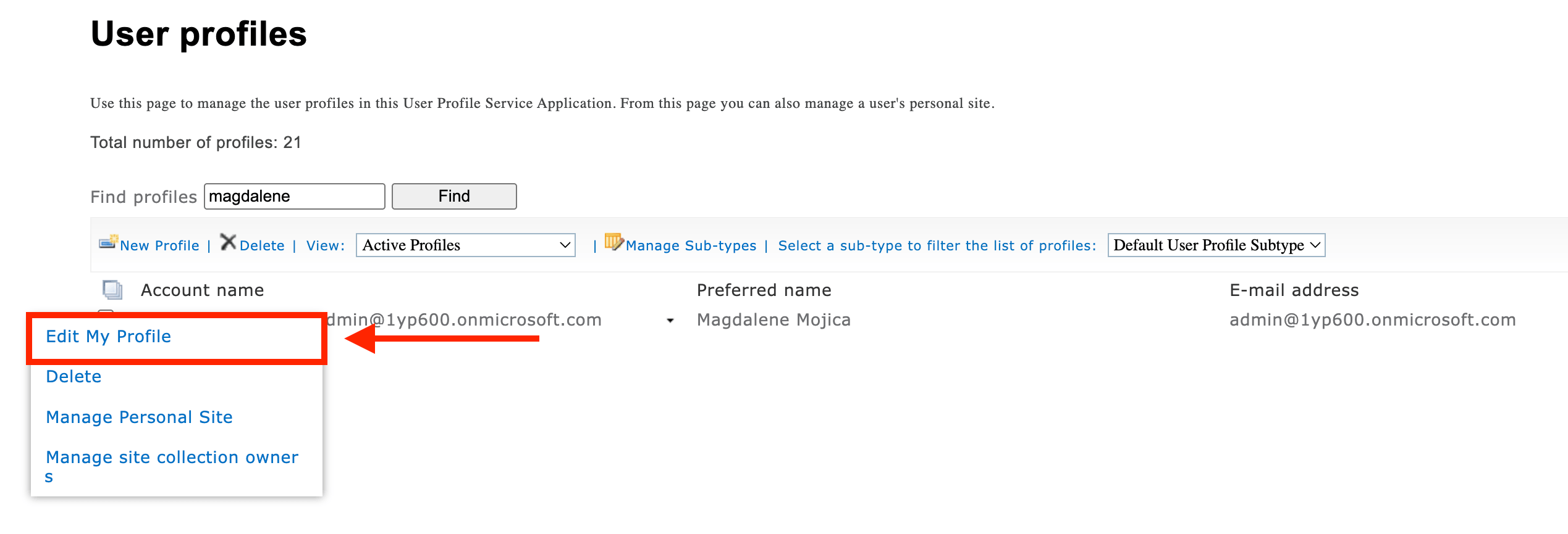 Selecting Edit My Profile from the contextual menu of an individual user