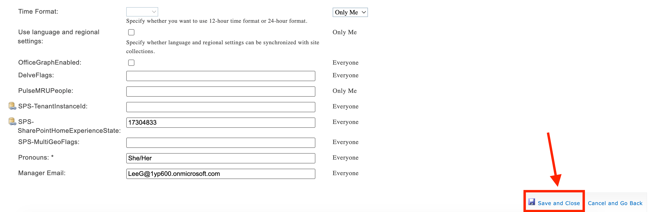 Saving updated employee details with the Save and Close button