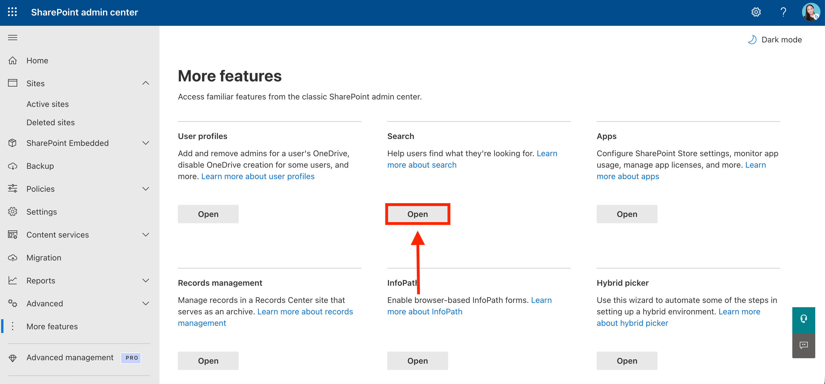 Opening the classic SharePoint Search features page from the main admin center