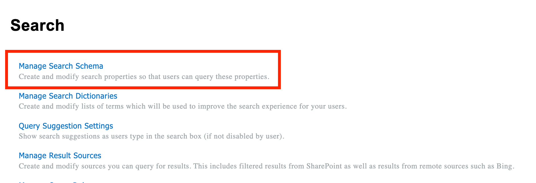 Selecting the Manage Search Schema link to modify crawlable search configurations