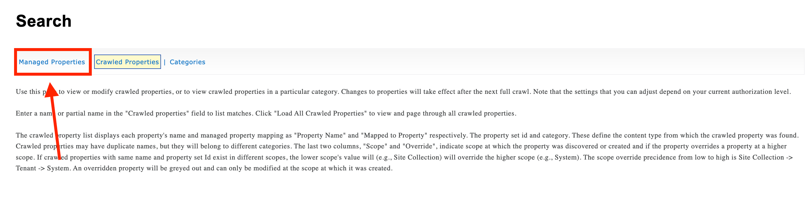 Navigating to the Managed Properties tab within the active search schema manager