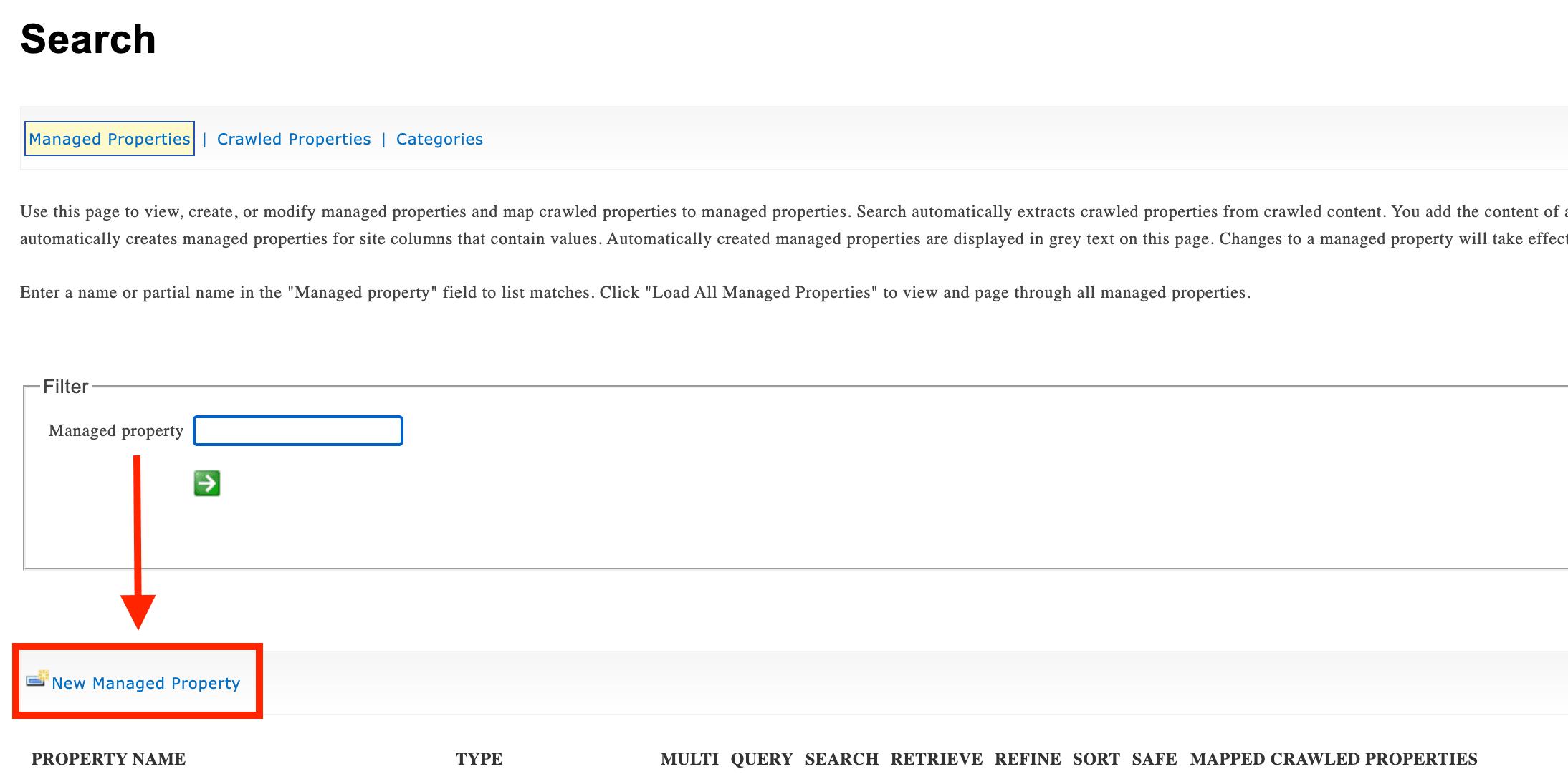 Clicking the New Managed Property link to configure a searchable schema anchor