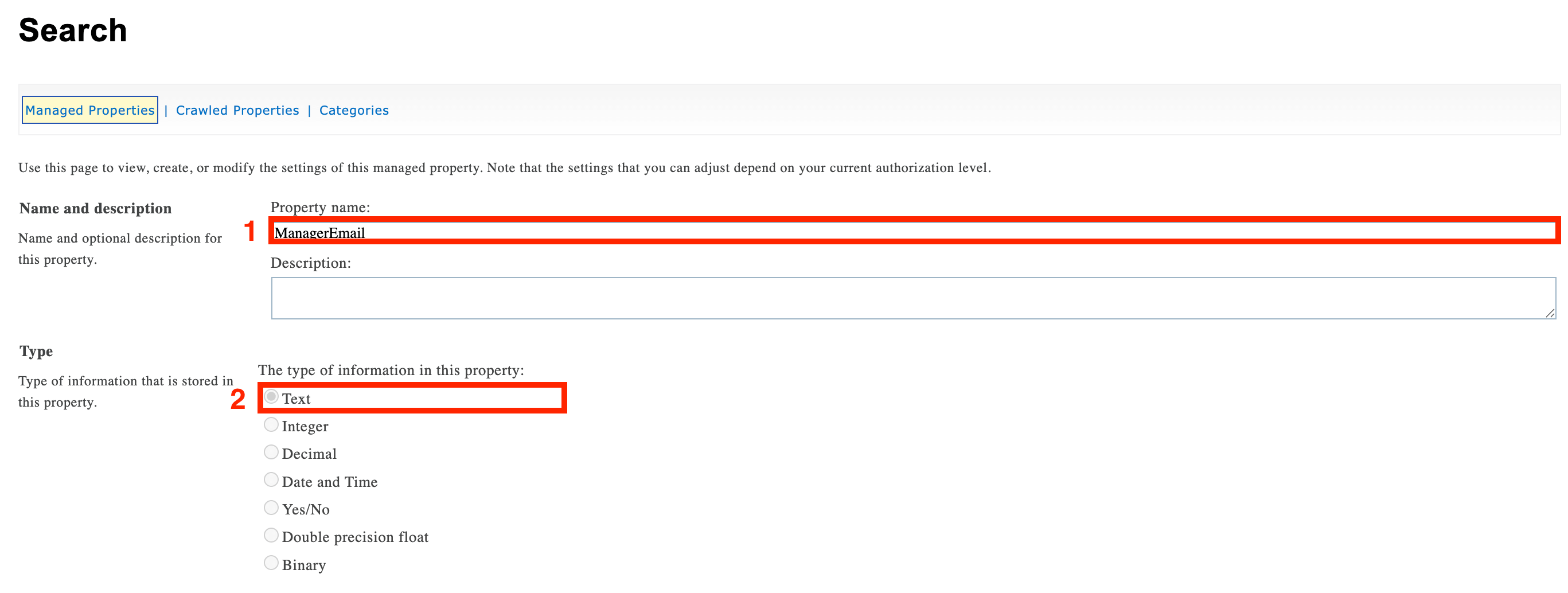 Setting the managed property name to ManagerEmail and data type to Text