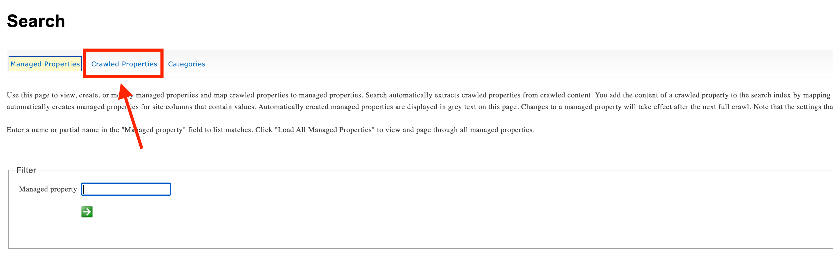 Navigating to the Crawled Properties tab to map the user profile search property