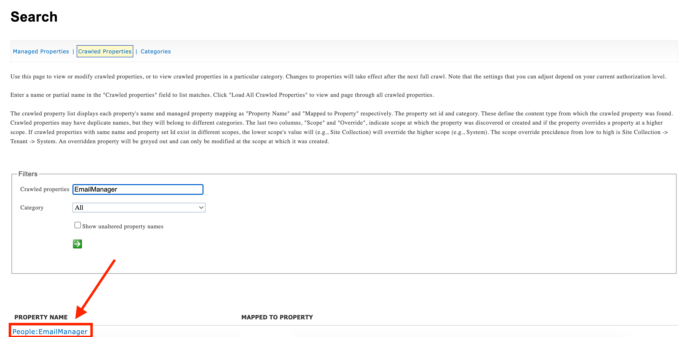 Selecting the People EmailManager property from the filtered property name list results