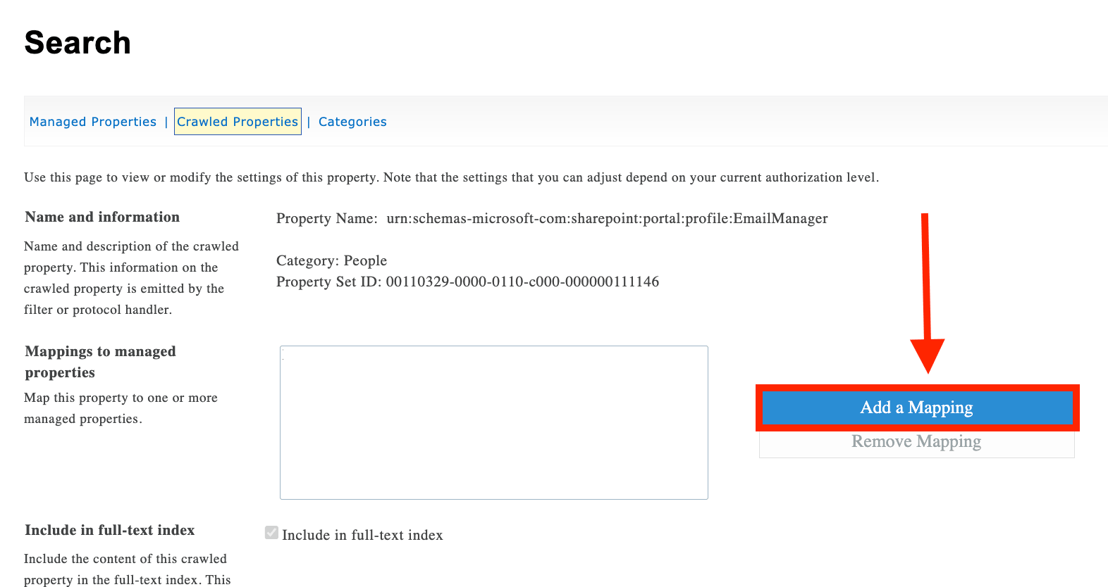 Clicking the Add a Mapping button to link properties in SharePoint search schema