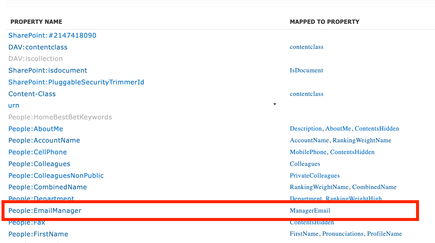 Reviewing the completed mapping of the custom EmailManager crawled property to the ManagerEmail target