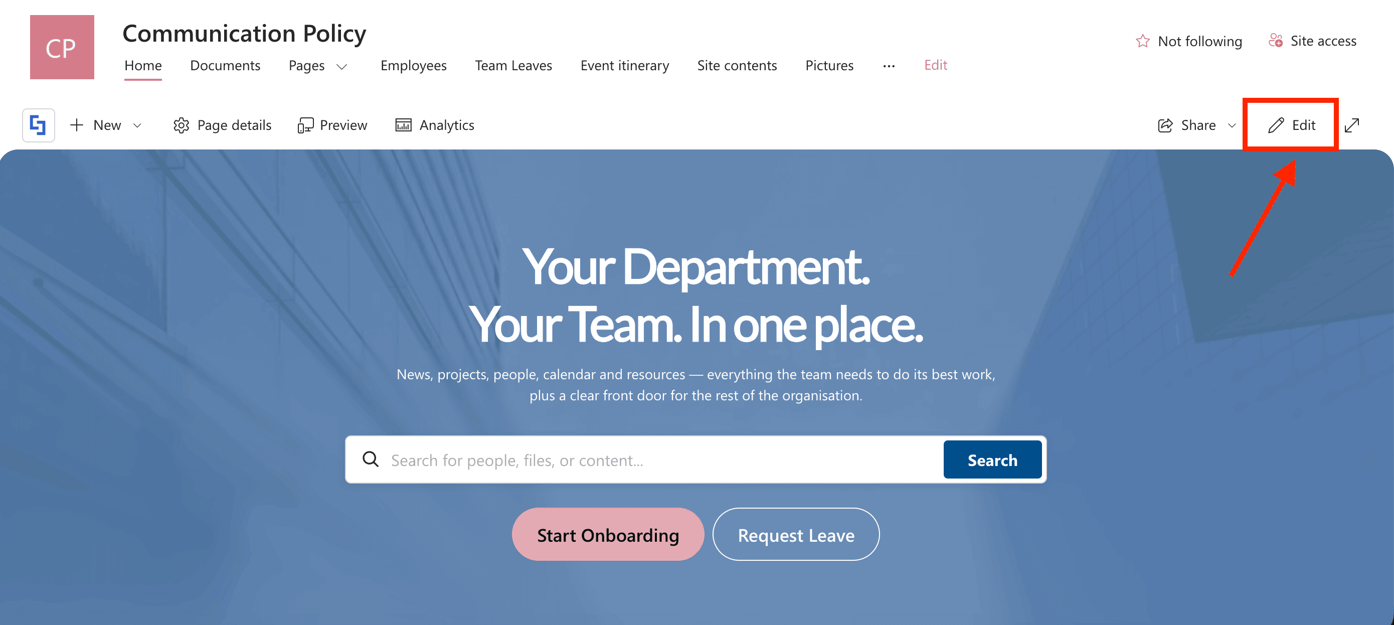 Selecting the Edit button to launch modern web part editing