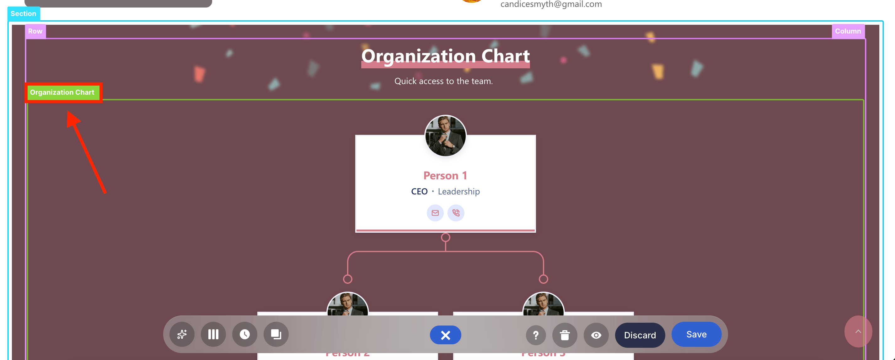 Selecting the green EasyPass layout label directly above the custom Organization Chart element