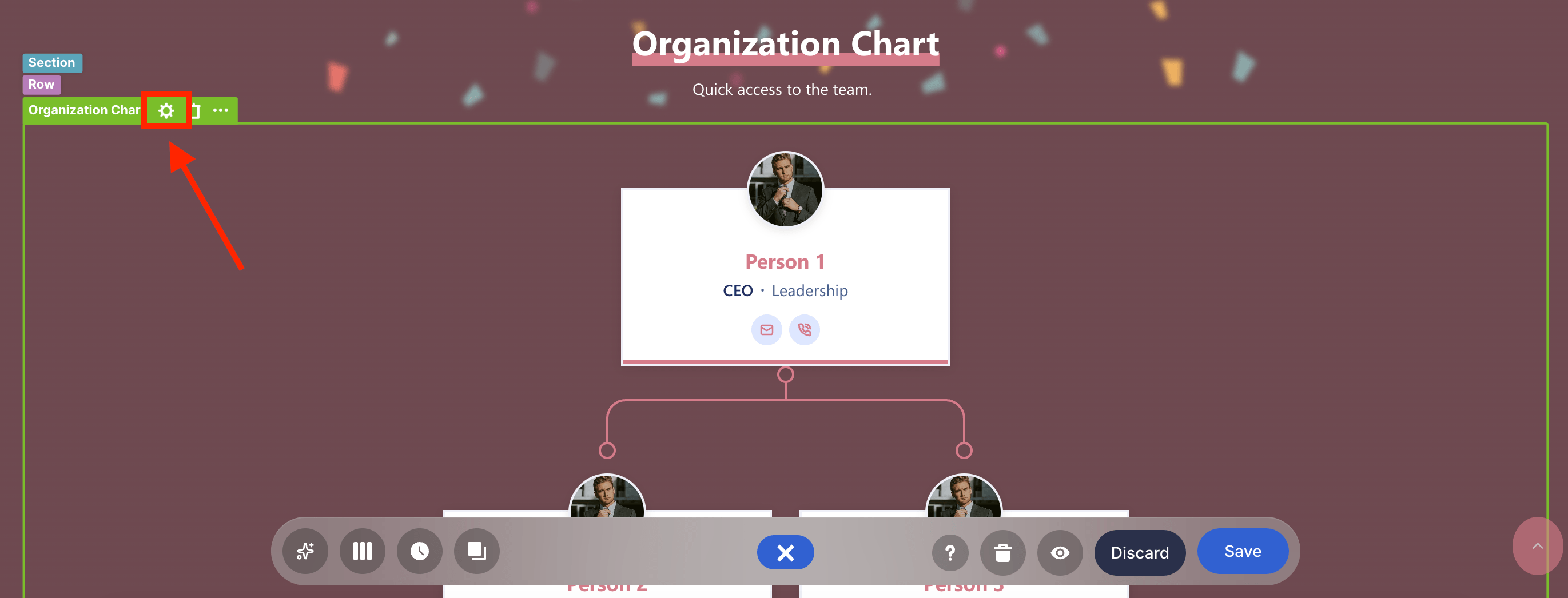 Clicking the cogwheel element settings icon to launch structural parameters for the chart