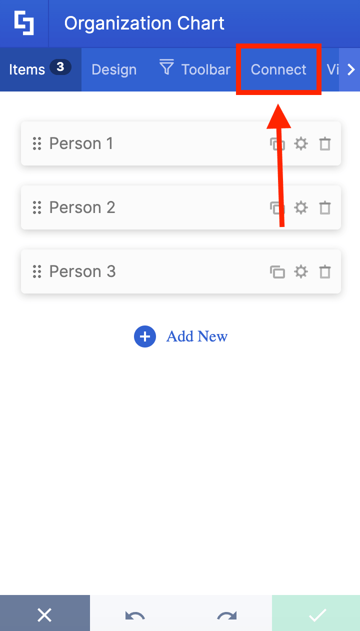 Navigating to the blue Connect configuration tab within the chart properties dashboard