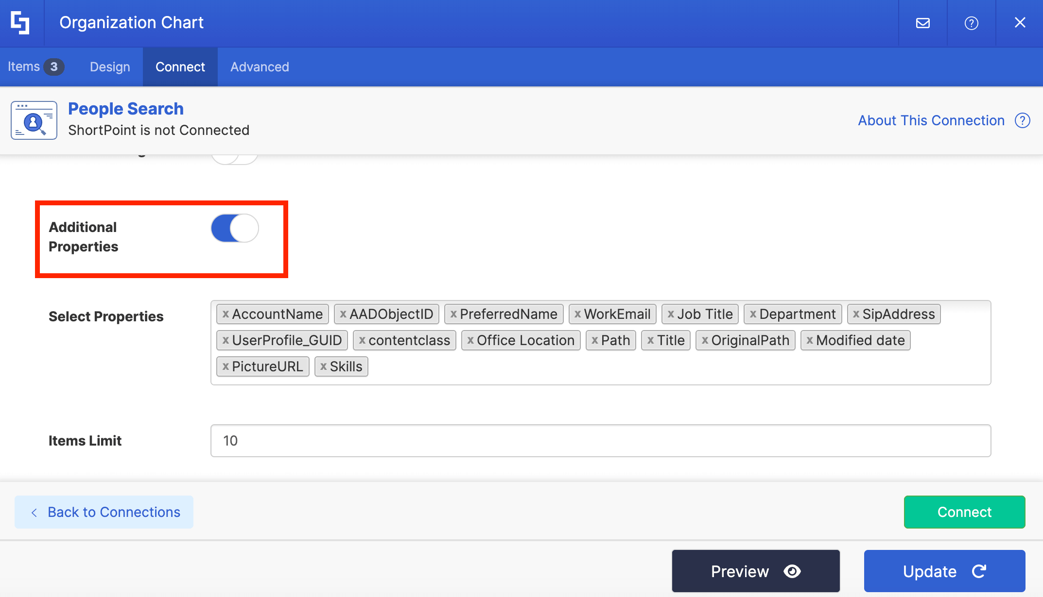 Toggling on the Additional Properties switch to expand available profile integration fields