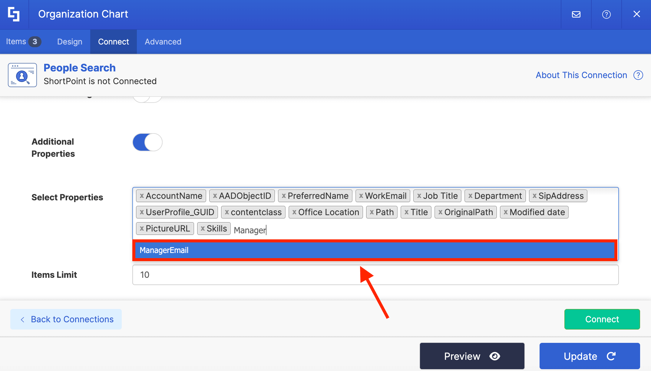 Finding and selecting ManagerEmail from the Select Properties predictive drop-down list field