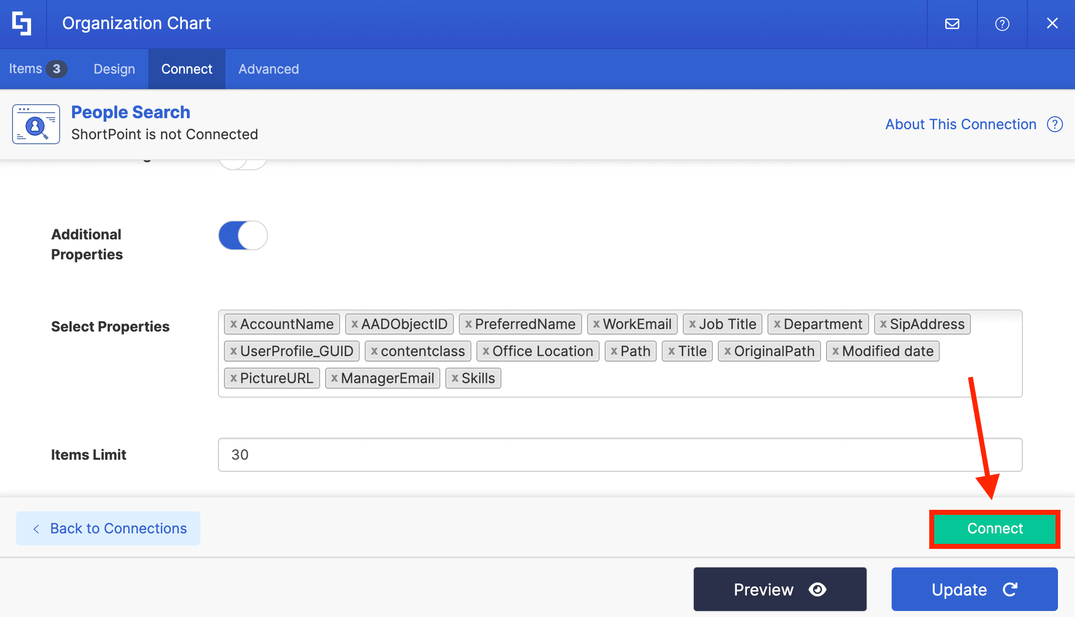 Clicking the green Connect button to link the live people directory dataset