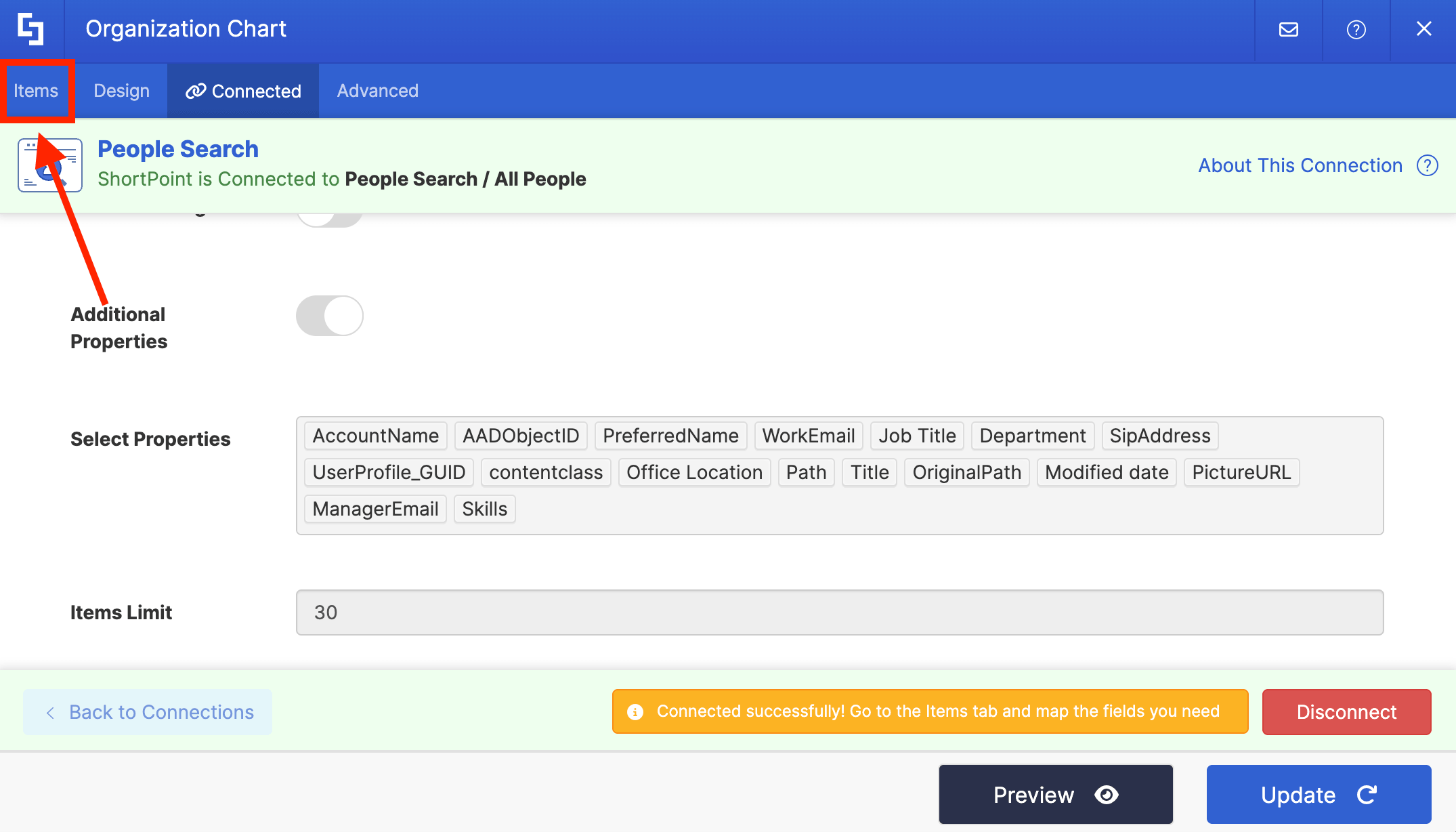 Navigating to the Items tab to configure custom attribute mappings