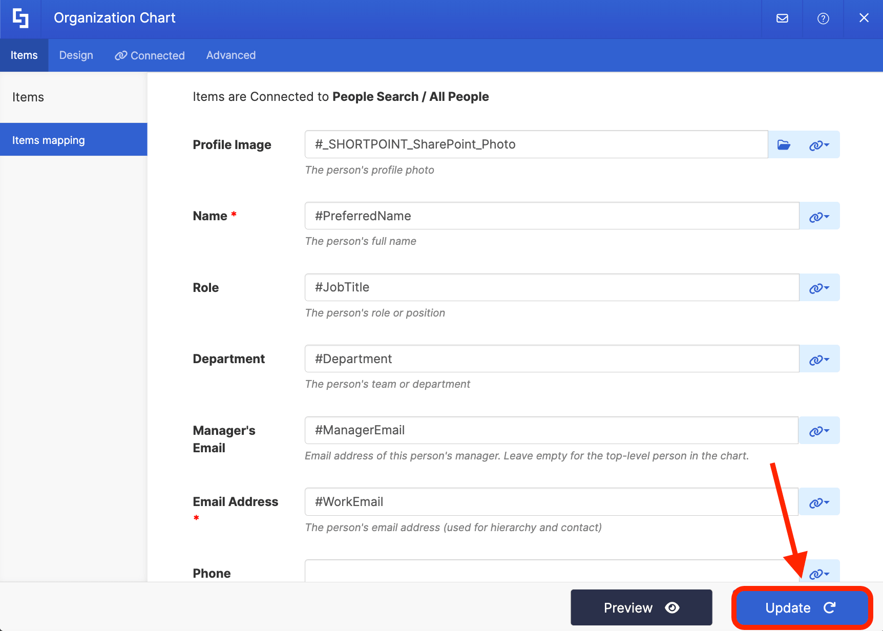 Updating the Organization Chart Design Element to keep changes