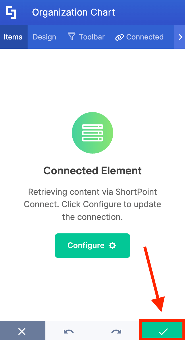 Clicking the green checkmark button to save integration changes