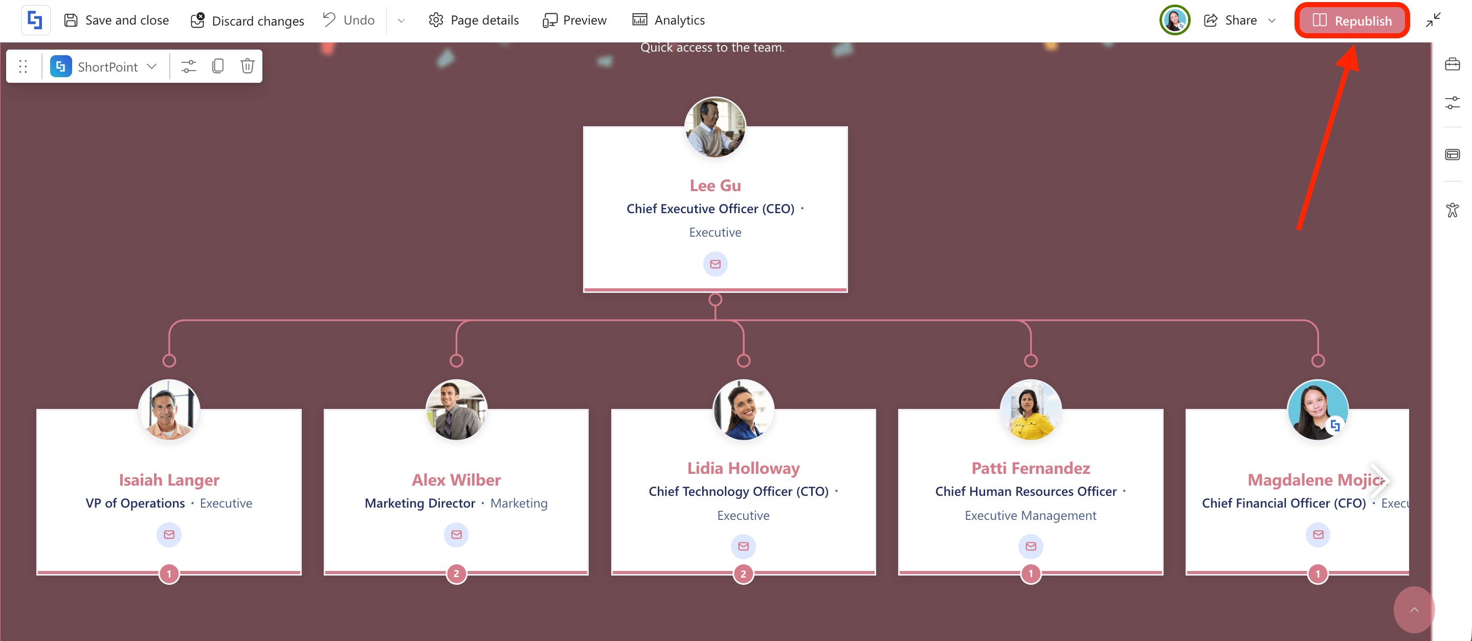 Publishing the page to see the changes in real time