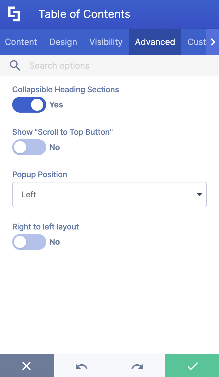 Enabling collapsible heading sections and scroll to top buttons in the Advanced tab
