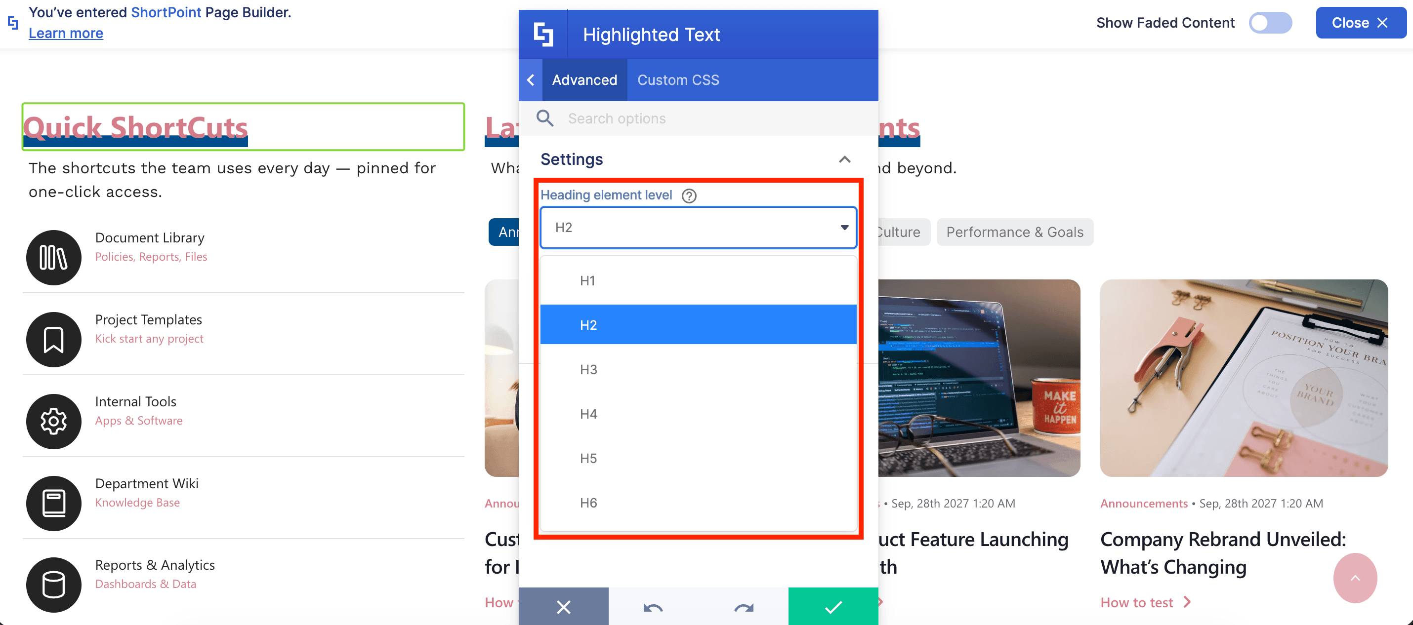 Selecting a heading level from H1 to H6 within the Design tab settings