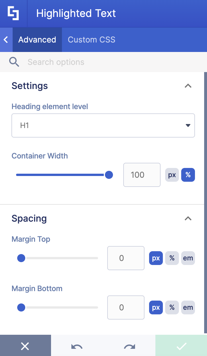 Tweaking custom container dimensions and drop shadow properties in advanced settings