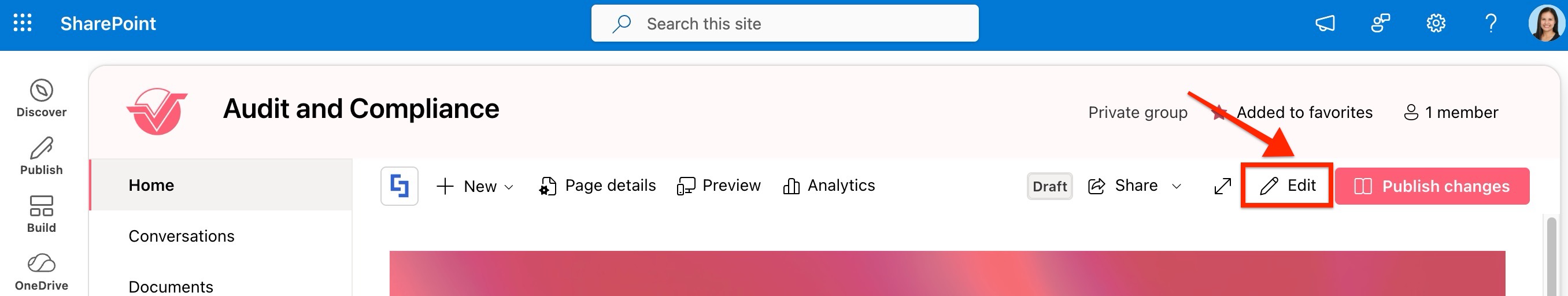 Click Edit button on the SharePoint page