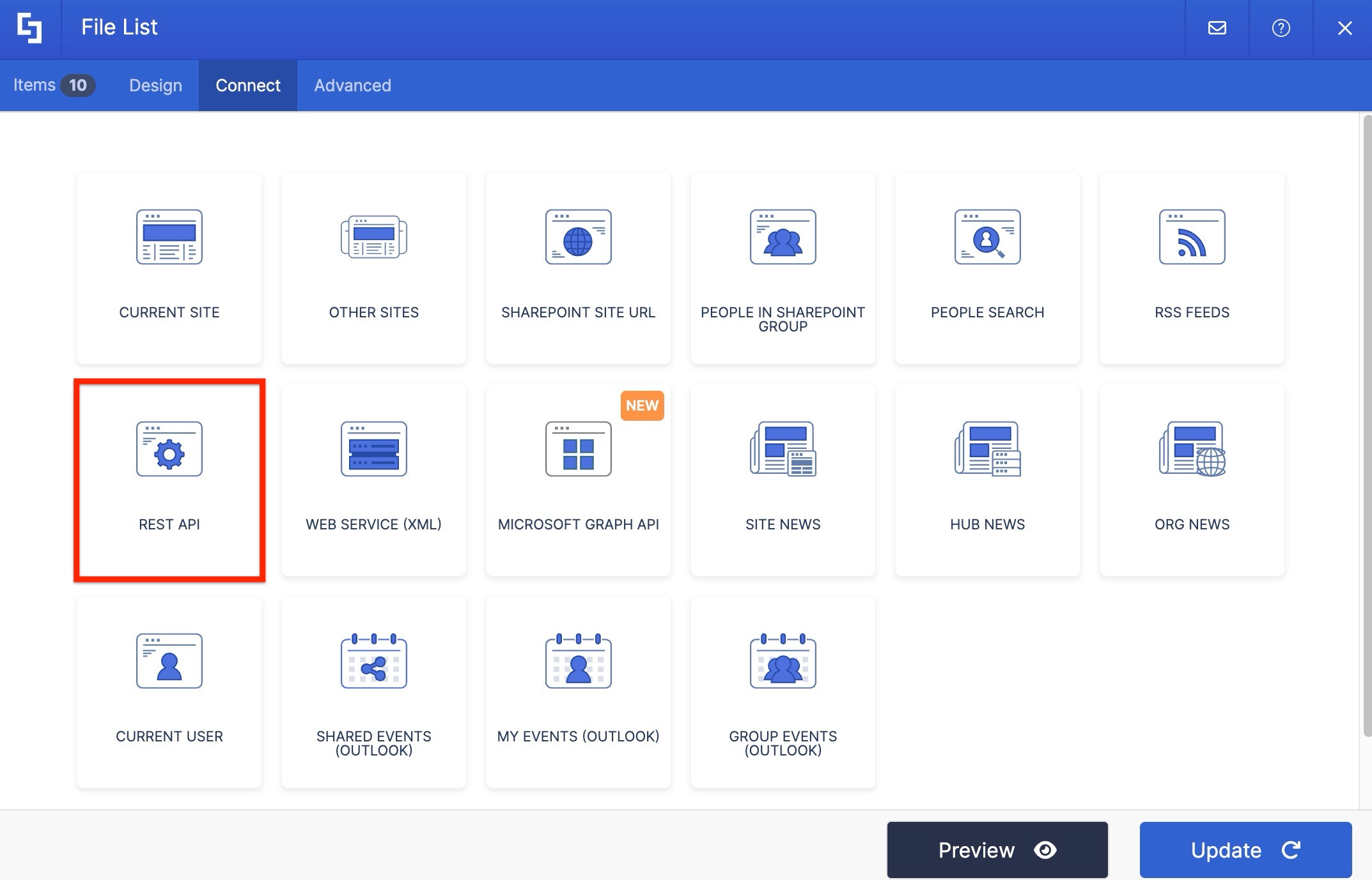 REST API button selected in the connect window