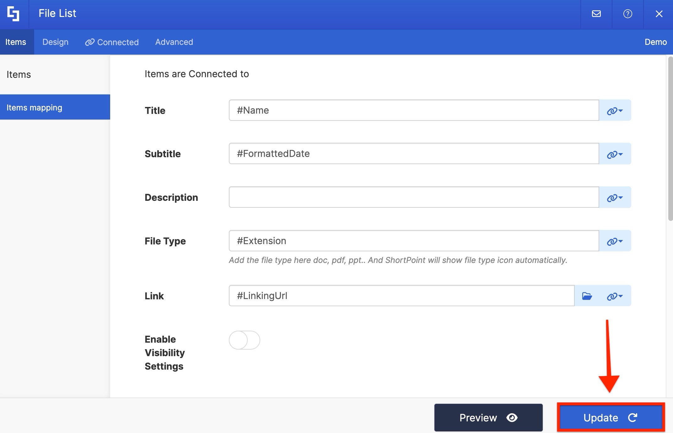 Update button that should be pressed once connection is configured