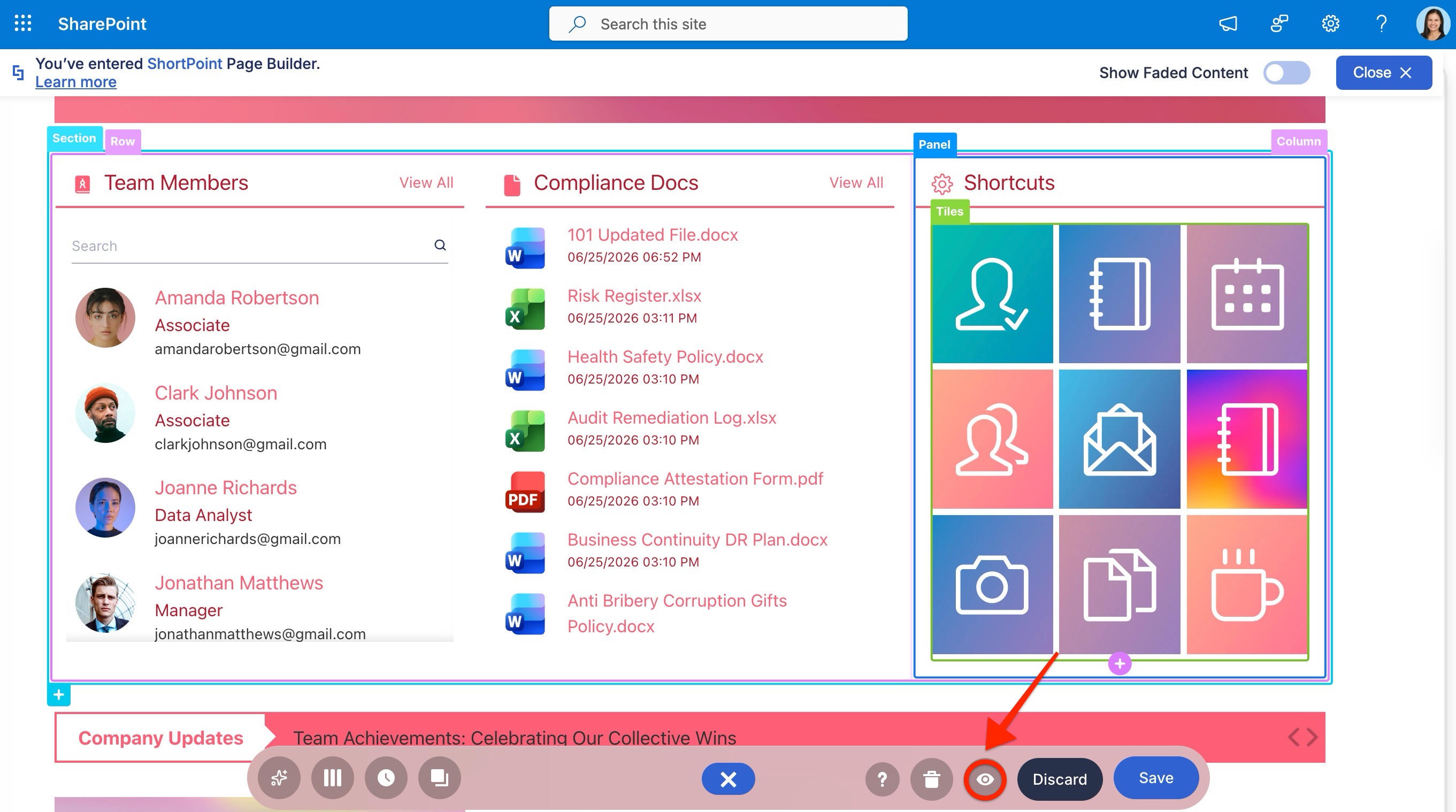 preview eye icon in the ShortPoint action toolbar