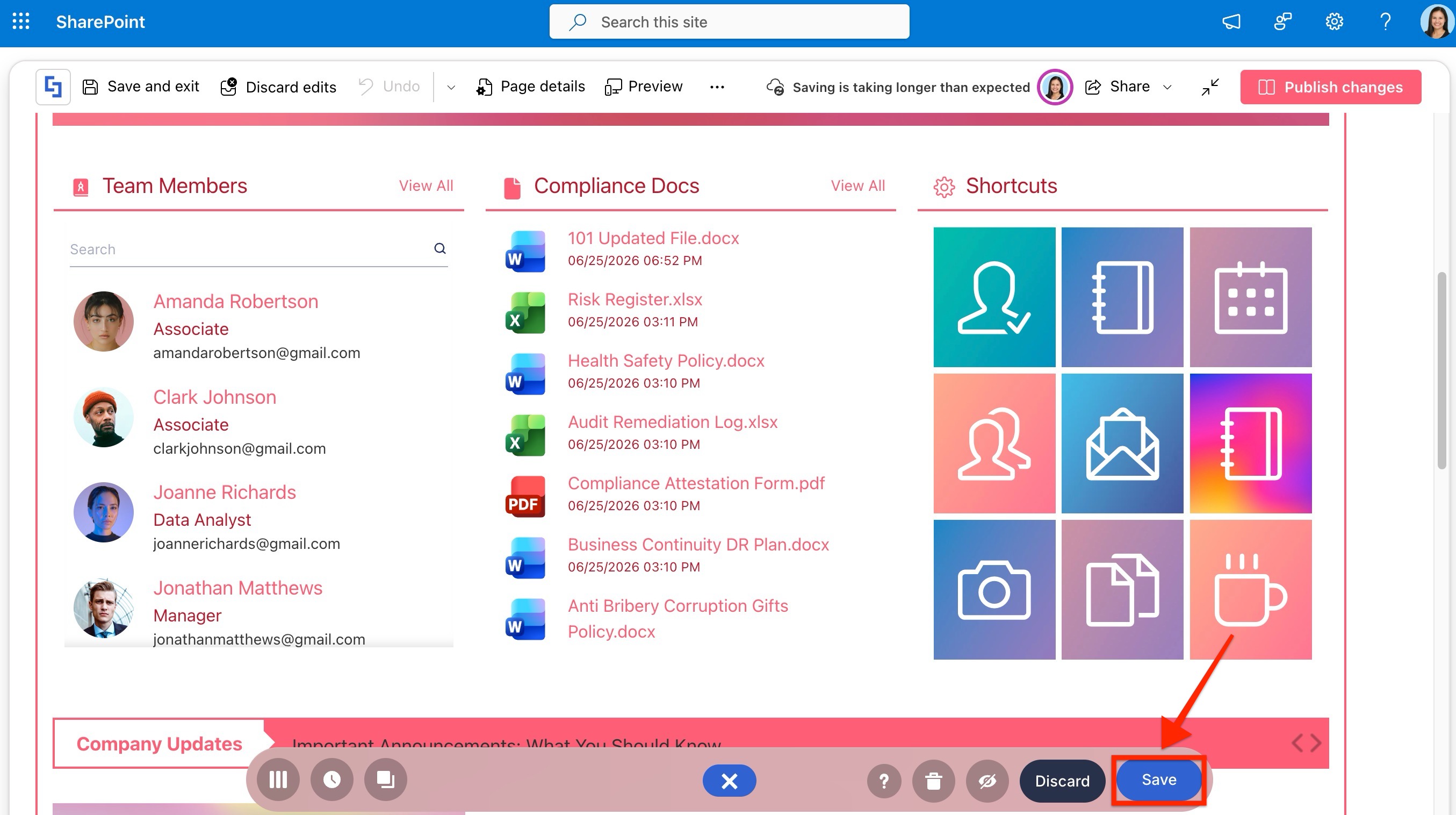 Save button found in the ShortPoint action toolbar