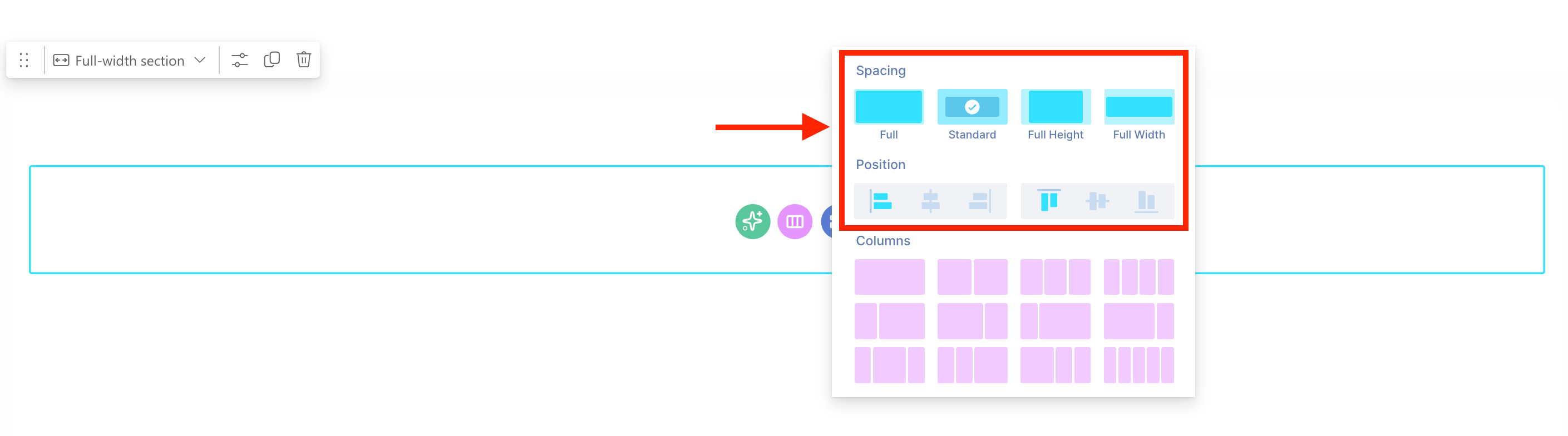 Spacing presets menu showing Full, Standard, Full Height, and Full Width layout options