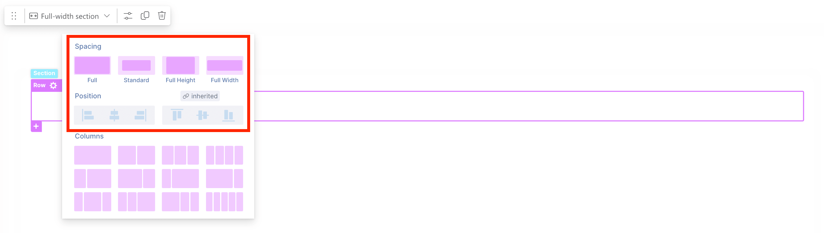 Spacing preset choices available when adding a new Row to a ShortPoint layout