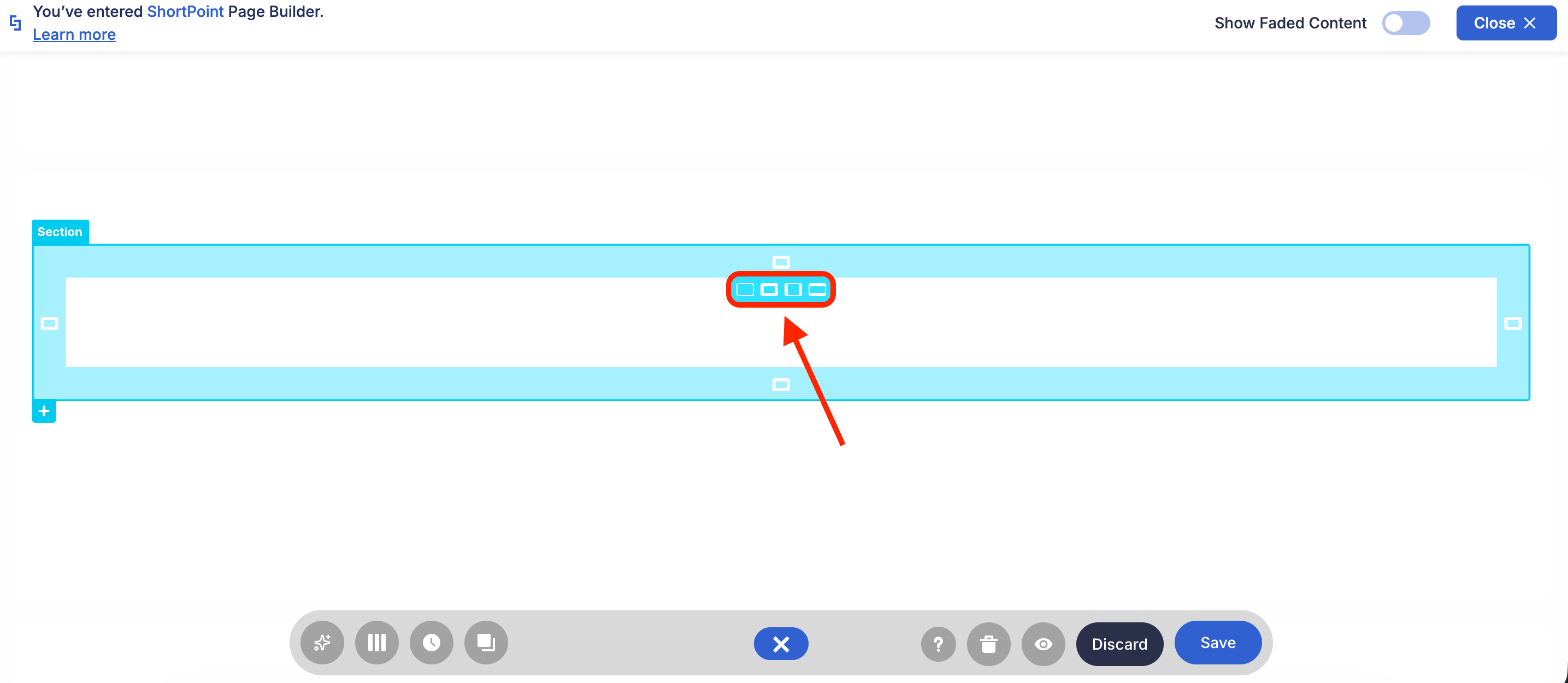 Preset selection bar displayed directly over Section padding using Hot Actions in Live Mode