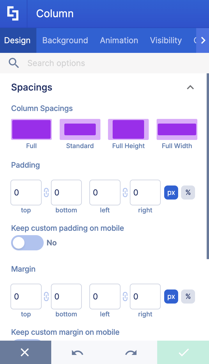 Column settings window displaying customized padding and margin input controls