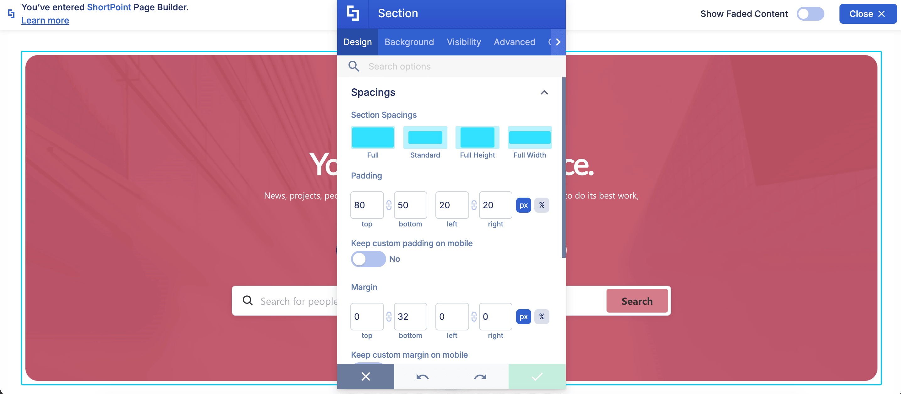 Design tab showing padding and margin options inside the Section settings panel