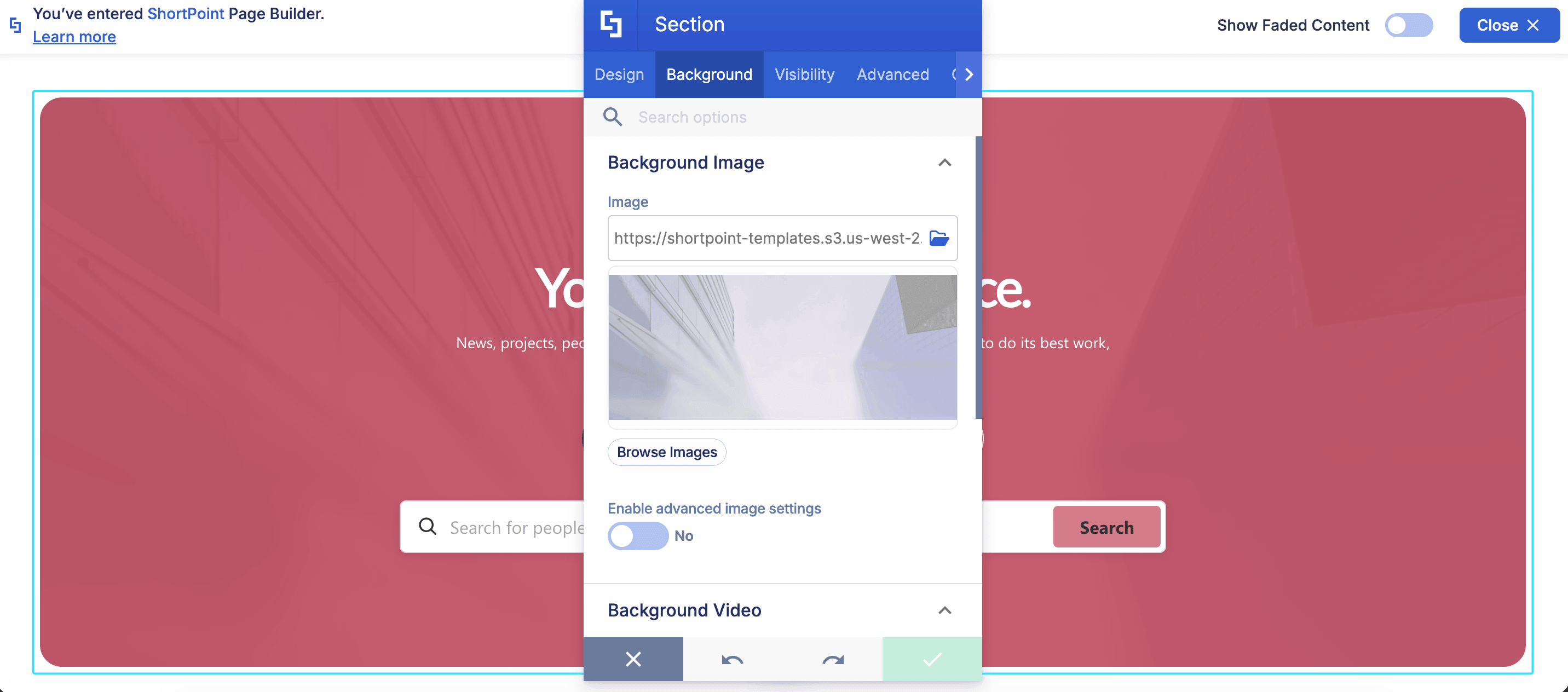 Background tab showing image URL input and settings inside Section properties