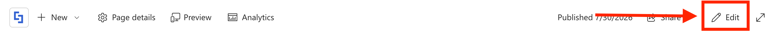 Selecting the Edit button on the top toolbar of the SharePoint page