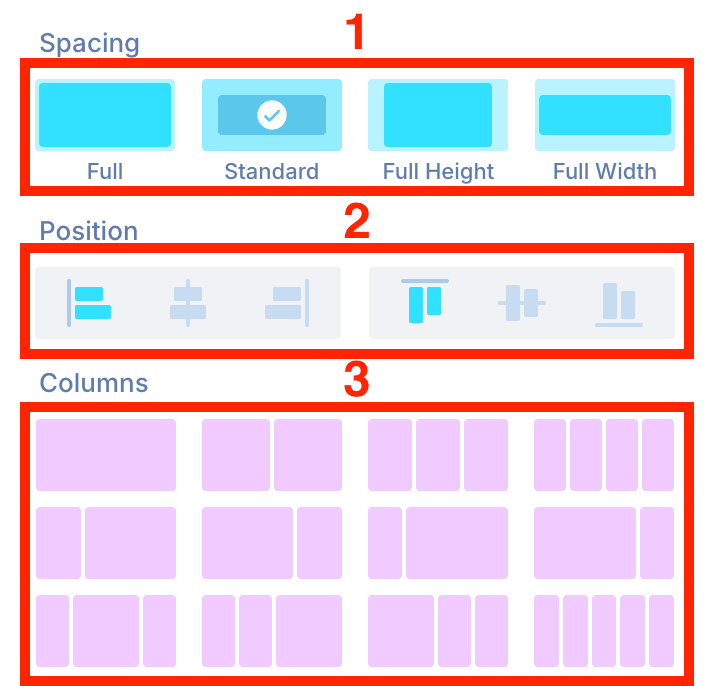 Selecting layout options across Spacing, Position, and Column configuration panels