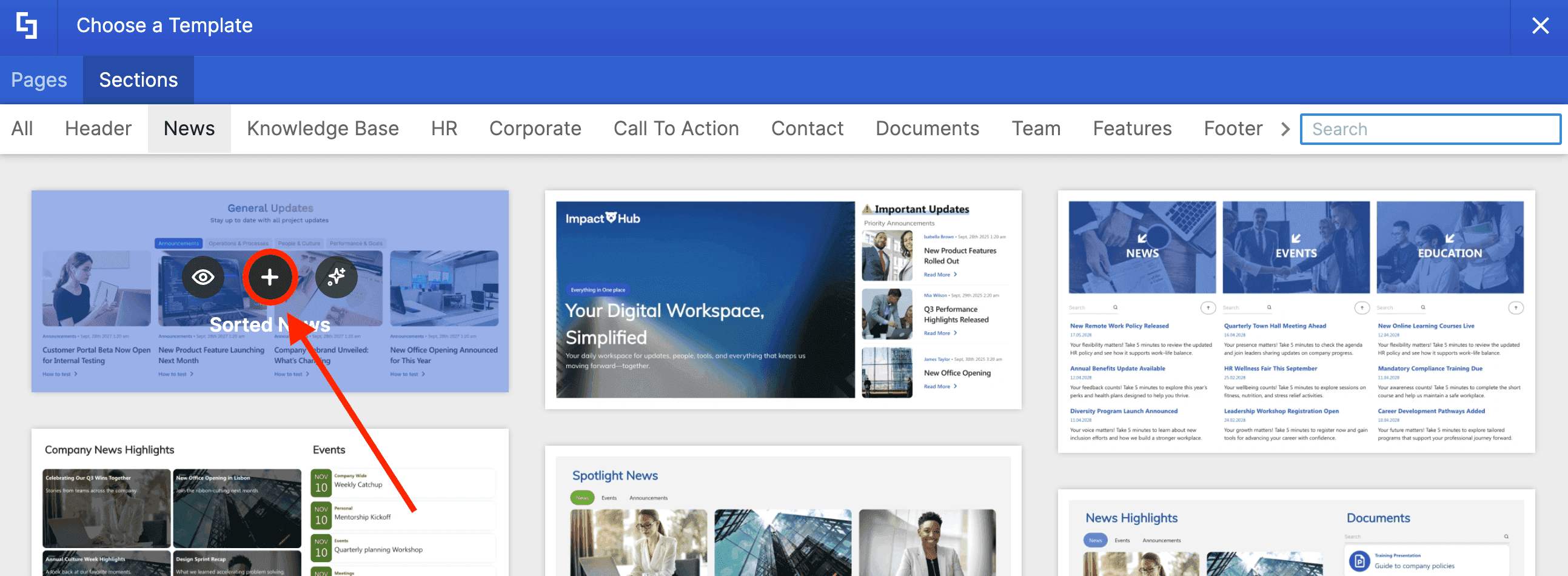 Hovering and clicking the plus icon to insert a news Section template