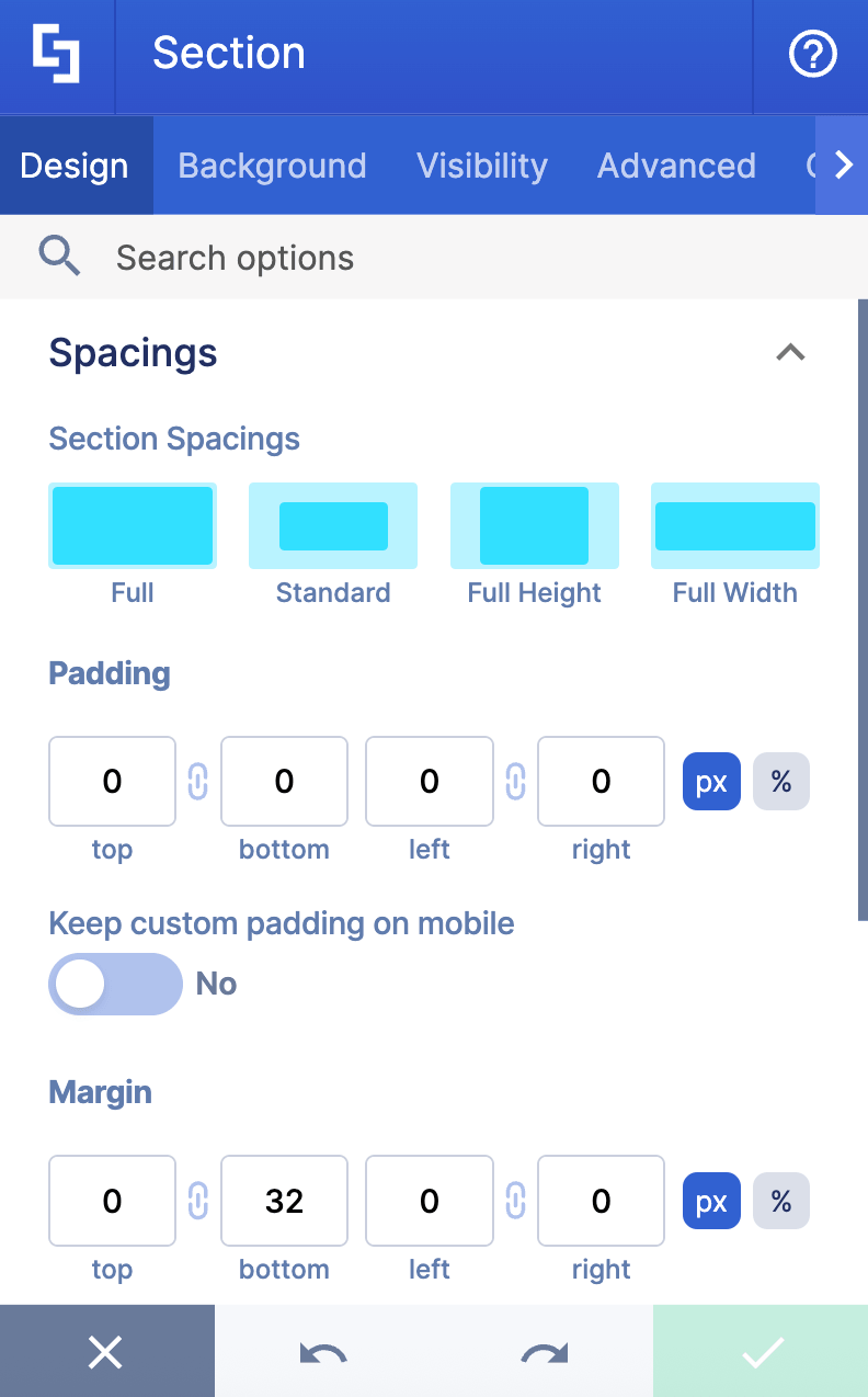 Overview of features inside the Section Design tab