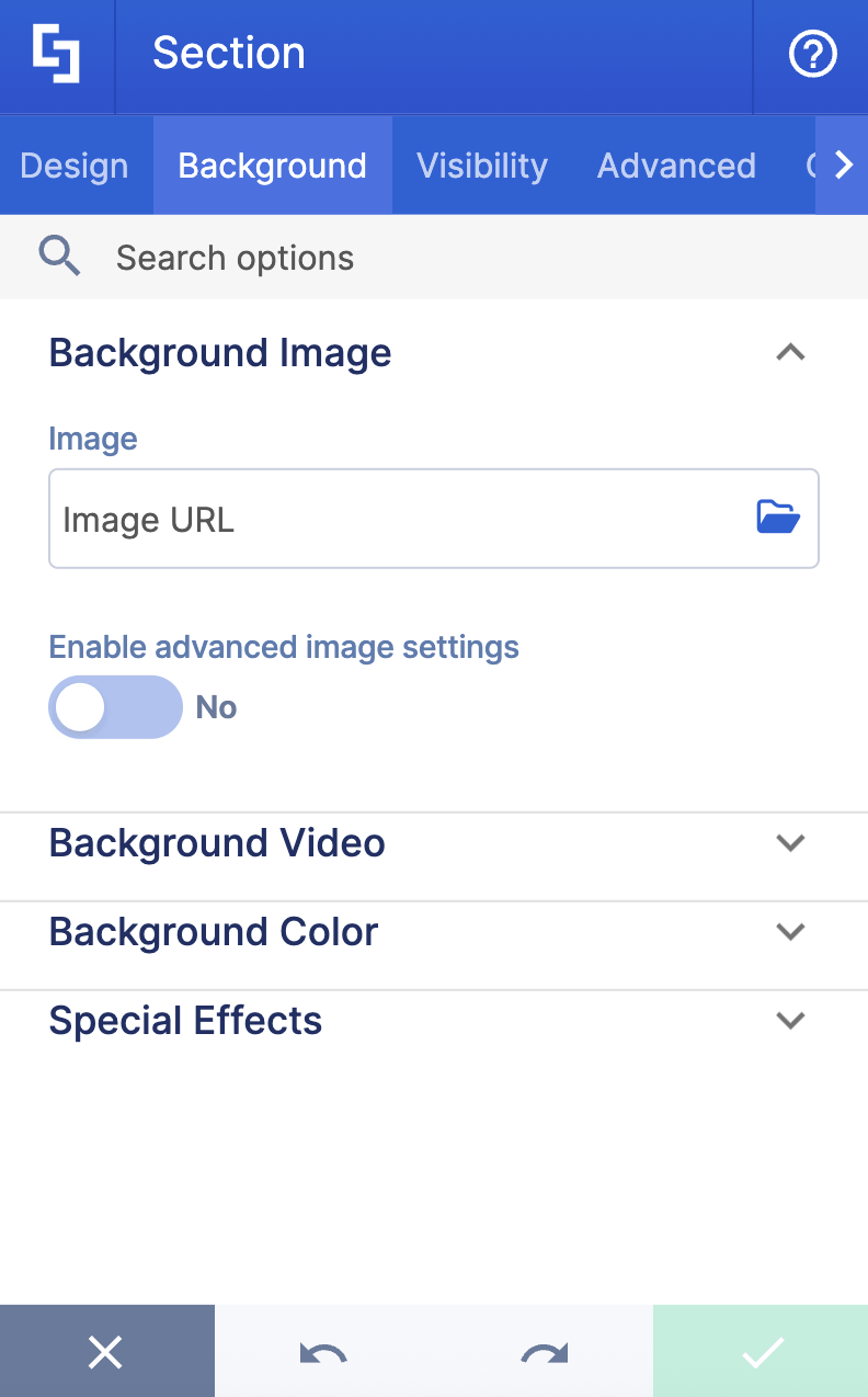List of features available inside the Background tab