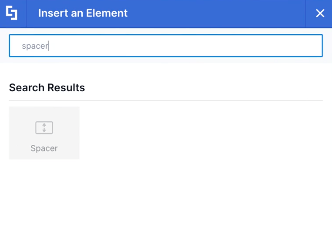Searching for and selecting the Spacer component from the element library