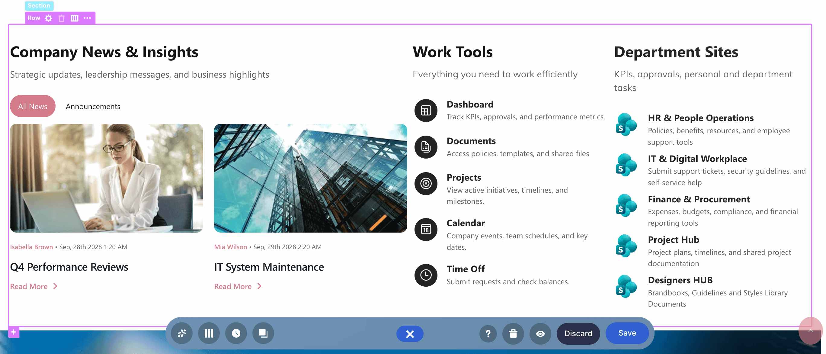 Showcasing a Row inside a SharePoint page