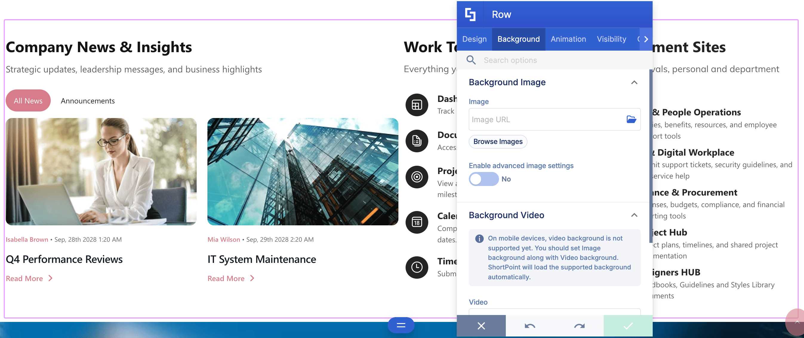 Background settings tab for configuring image, video, and color backgrounds