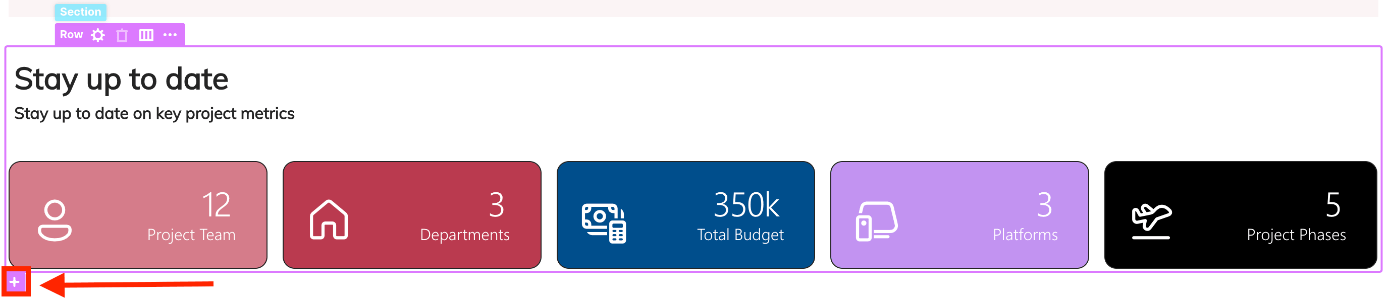 Clicking the pink plus icon to add a new row to a section