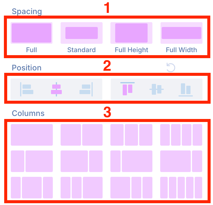 Selecting spacing, position alignment, and column layout presets for a row
